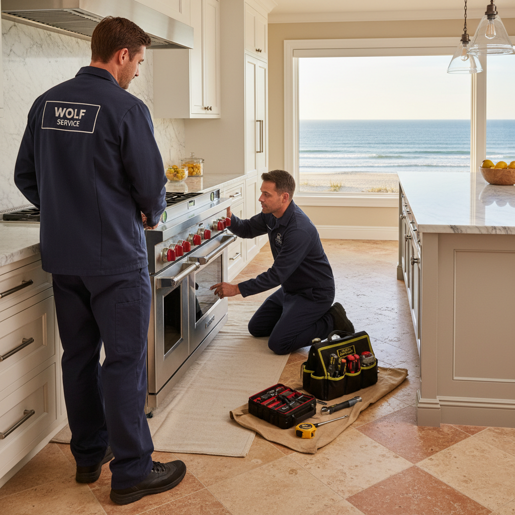Technicians installing a Wolf range in a Pacific Palisades home